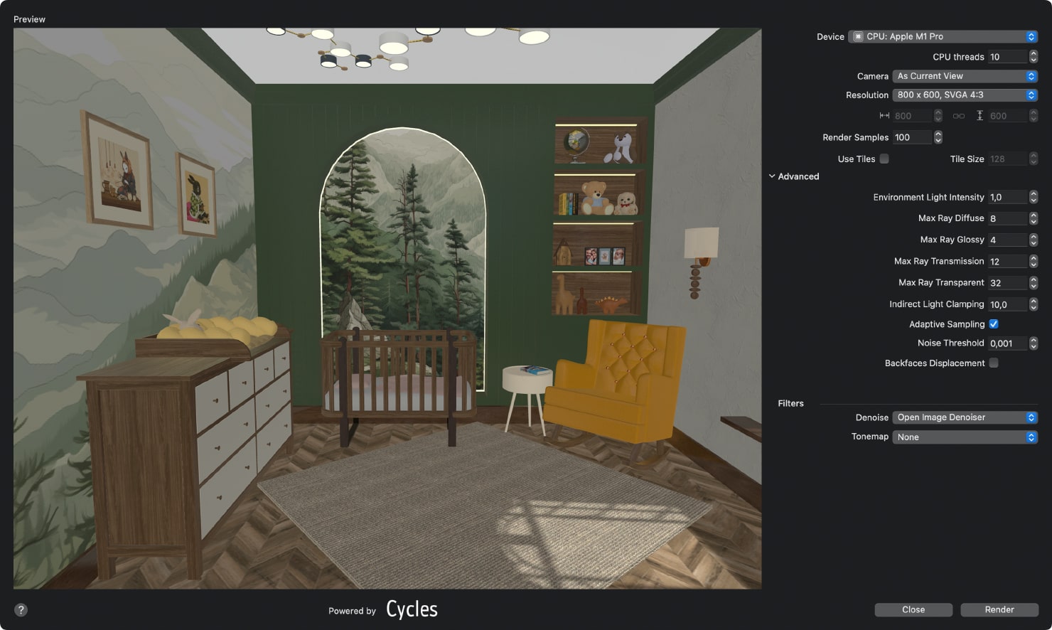 A screenshot showcasing the default settings of the Cycles rendering engine in Live Home 3D for Mac.
