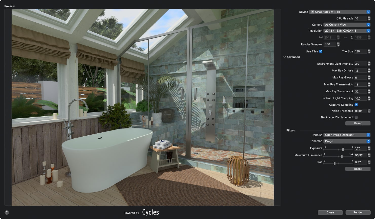 An example of the rendered image (spa bathroom) and the rendering settings you need to choose in Cycles in Live Home 3D for Mac to achieve it.