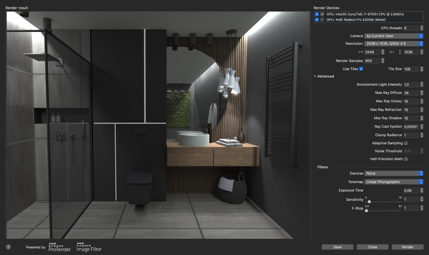 An example of the rendered result (contemporary gray bathroom) and the rendering settings you need to choose to achieve it with AMD Radeon™ ProRender in Live Home 3D for Mac.