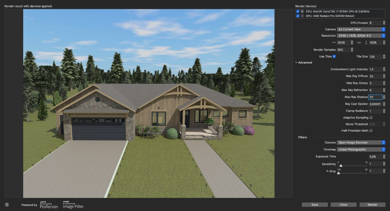 An example of the rendered result (craftsman house) and the rendering settings you need to choose to achieve it with AMD Radeon™ ProRender in Live Home 3D for Mac. 