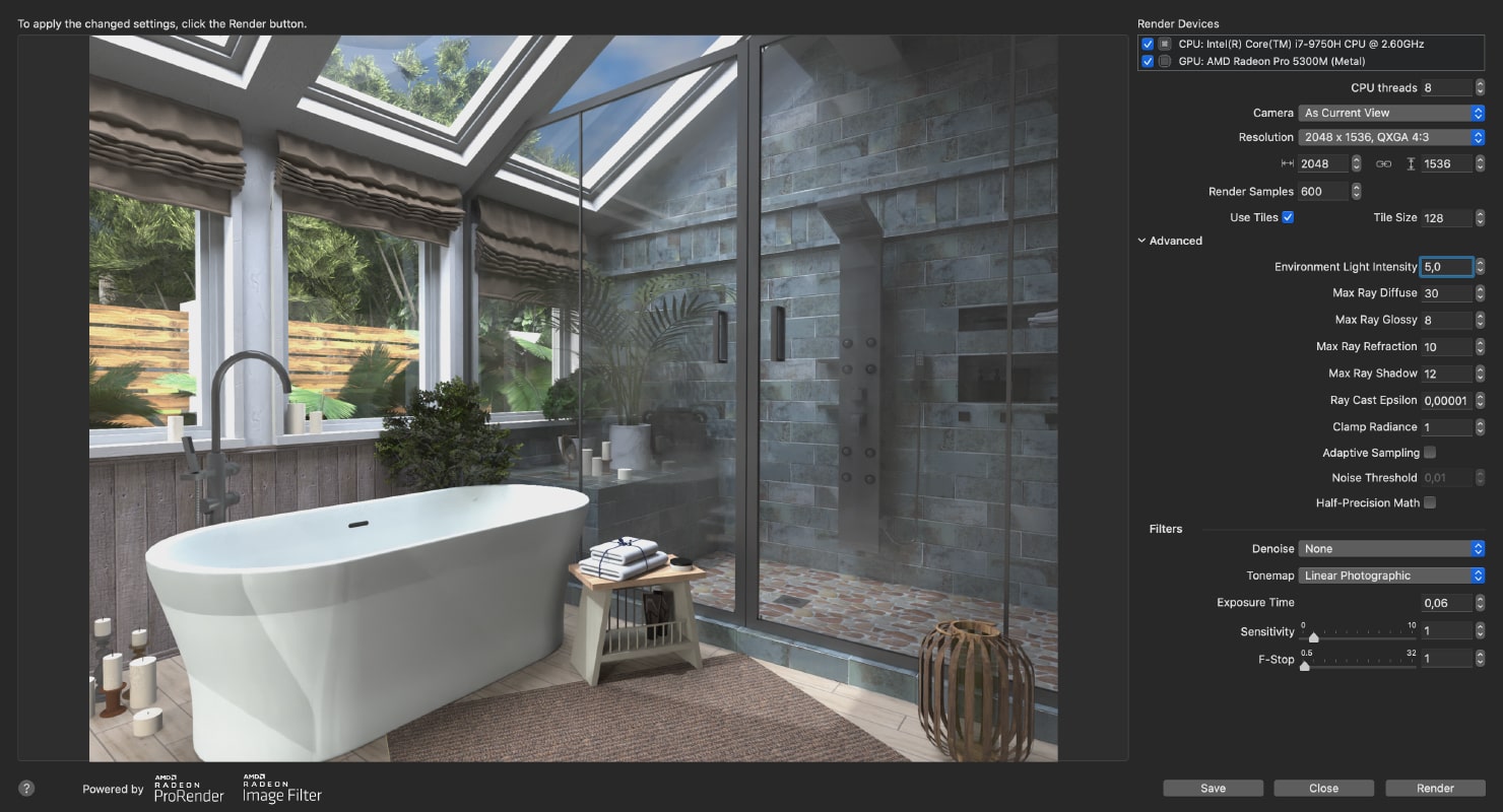 An example of the rendered result (spa bathroom) and the rendering settings you need to choose to achieve it with AMD Radeon™ ProRender in Live Home 3D for Mac. 