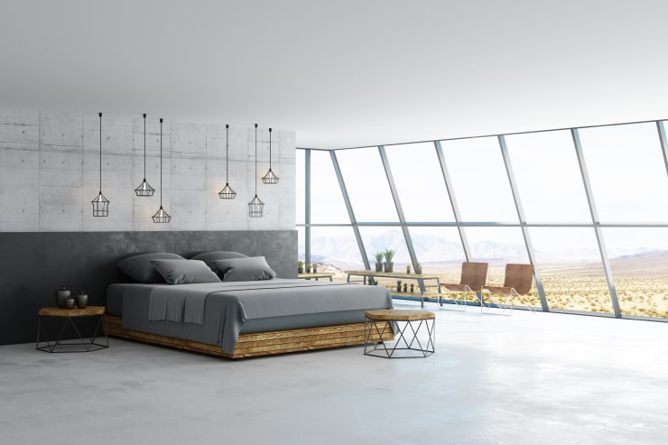 A bedroom in gray colors in scandinavian style