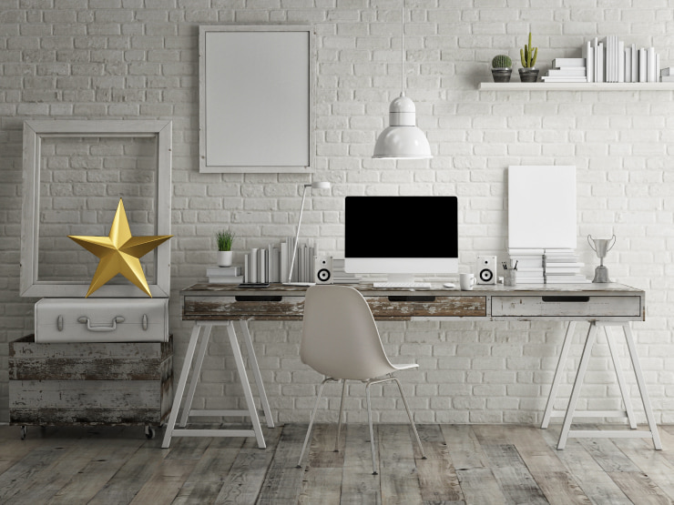 Minimalist room with exposed brick walls