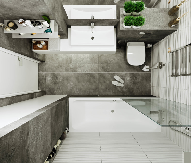 Small bathroom in white and gray tones.