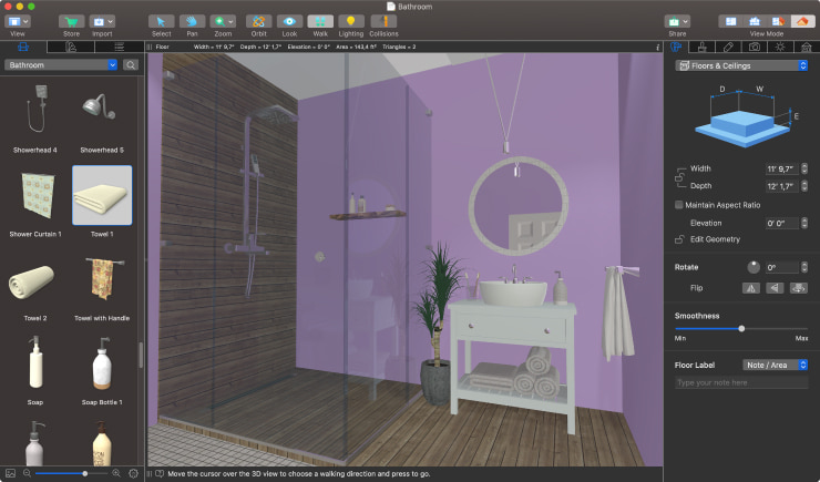 Purple bathroom with white vanity.