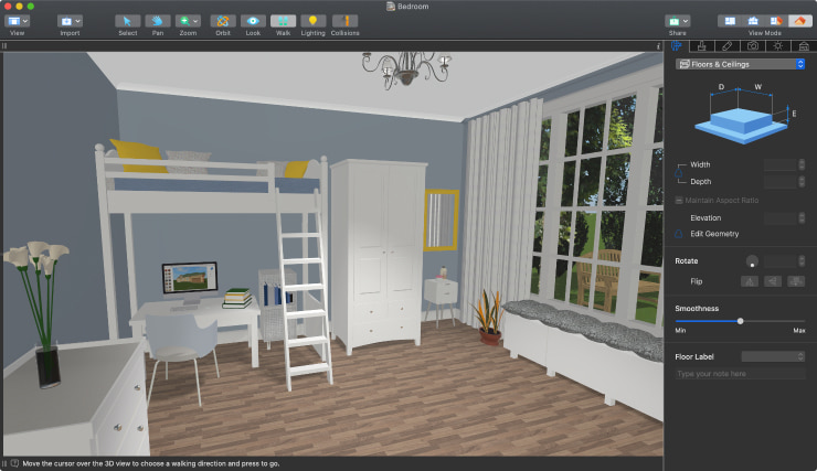 A bedroom design with a lofted bed created in Live Home 3D for Mac.
