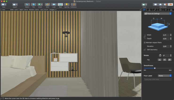 A bedroom design with a storage unit hanging on a wall created in Live Home 3D for Mac.