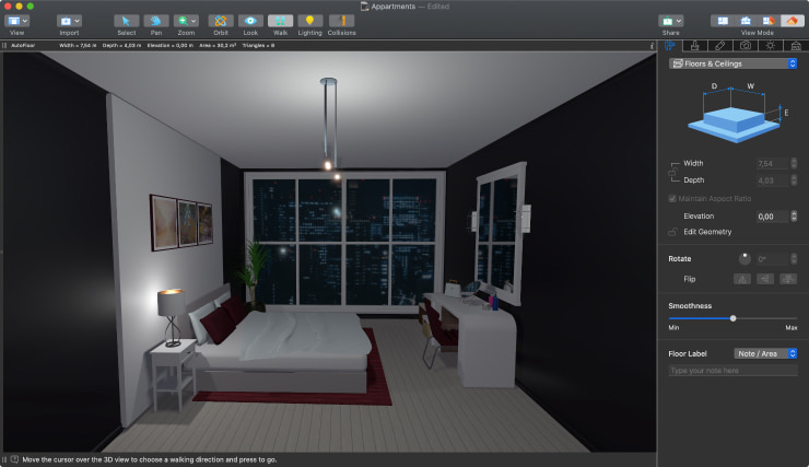 A black and white bedroom with a city view created in Live Home 3D for Mac.