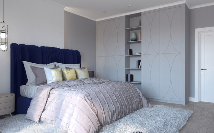 A cozy bedroom with a wardrobe.