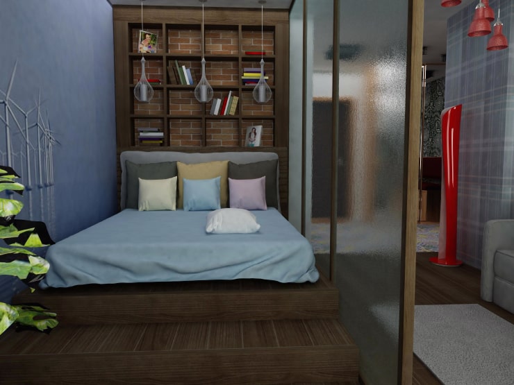 A sleeping area in a studio apartment.