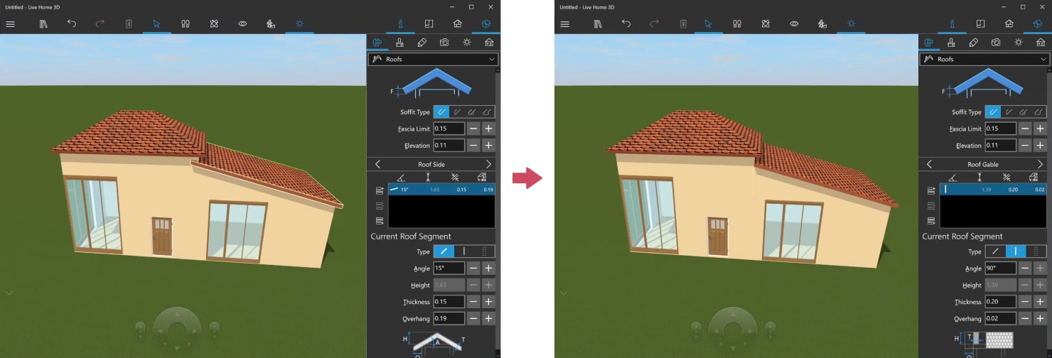 Two screenshots showing how to adjust the house roof in Live Home 3D.