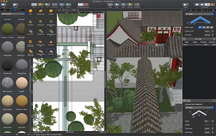 Creating curved roof of siheyuan in Live Home 3D for Mac.