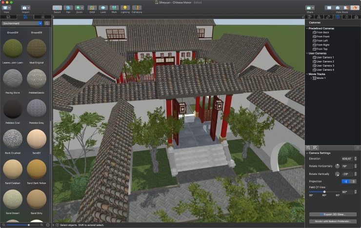 Creating landscape and adding exterior elements for siheyuan in Live Home 3D for Mac.