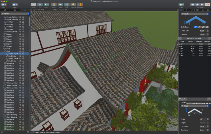 Creating curved roof for the residential building and the storerooms of siheyuan in Live Home 3D for Mac.