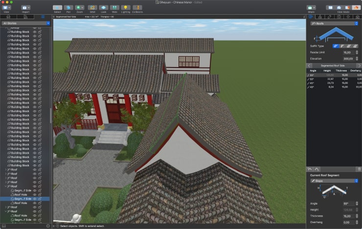 Creating curved roof for the additional buildings and the rear house of siheyuan in Live Home 3D for Mac.