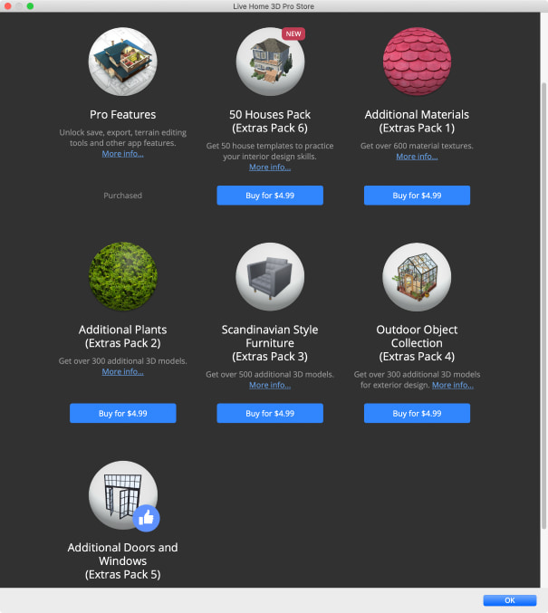 A screenshot of the embedded In-App store of Live Home 3D for Mac.