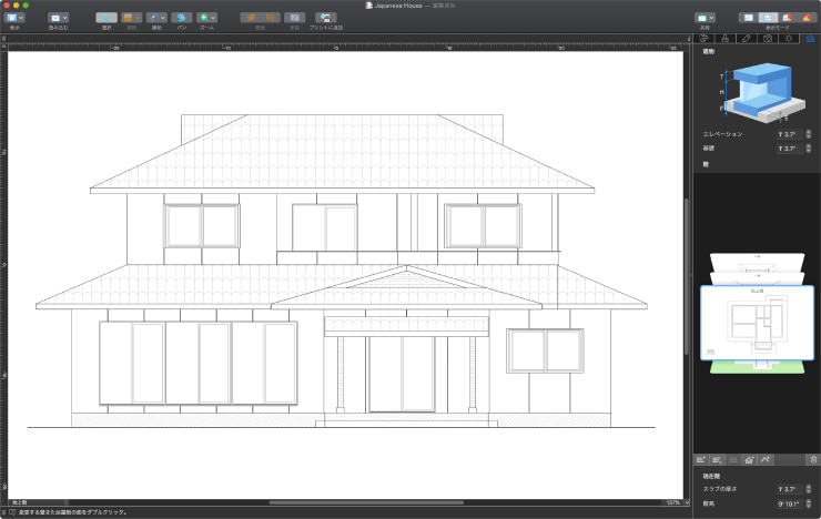 Live Home 3D for Mac での伝統的な日本家屋（2D 立面図モード）。