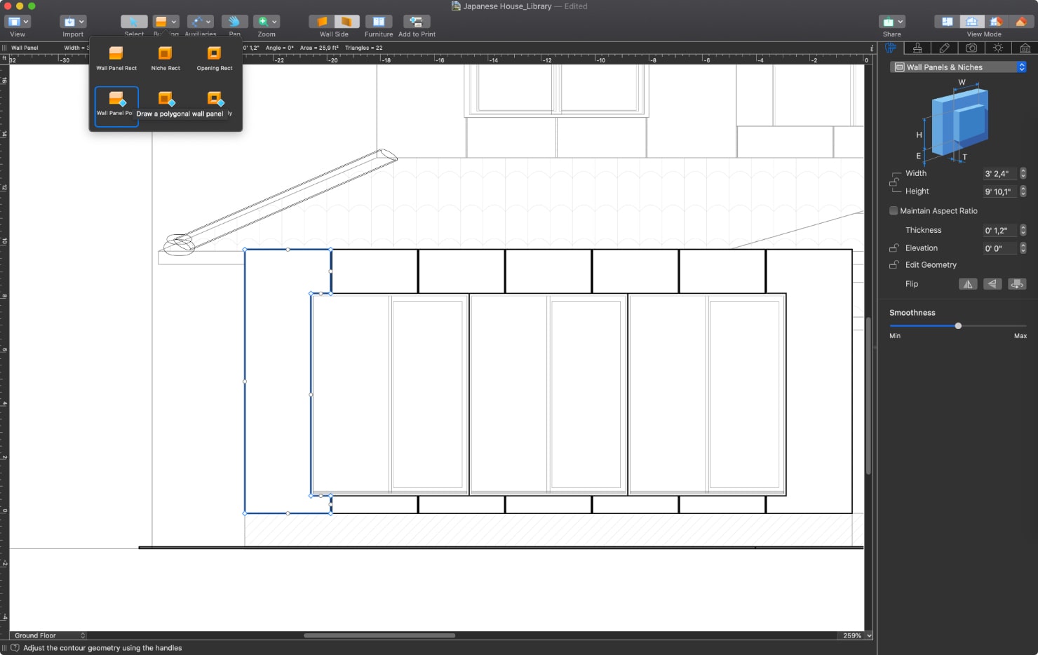 A screenshot showcasing how to add panels to a house in Live Home 3D for Mac.