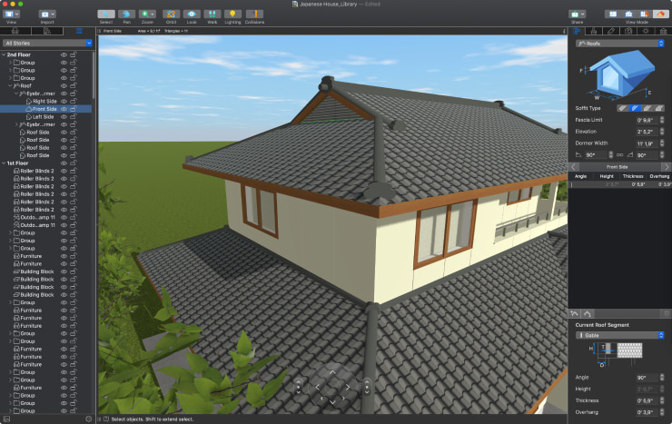 A screenshot showcasing how to create a custom roof in Live Home 3D for Mac.