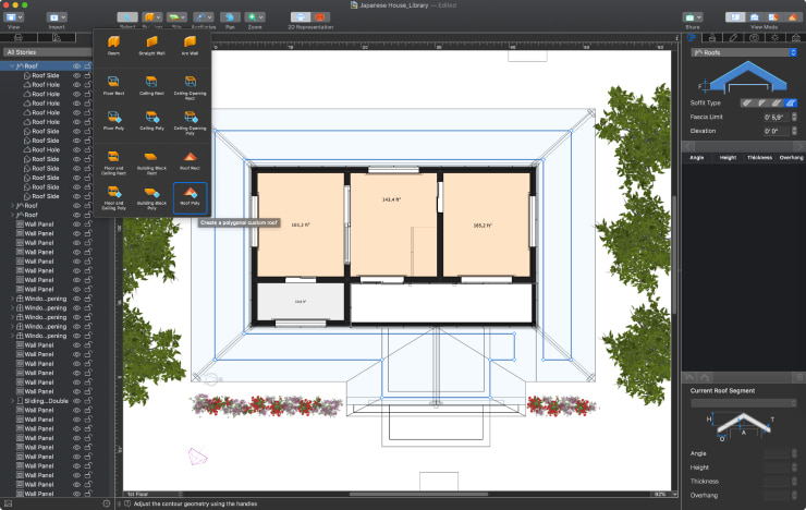 A screenshot showcasing how to create a roof of a traditional Japanese house in Live Home 3D for Mac.