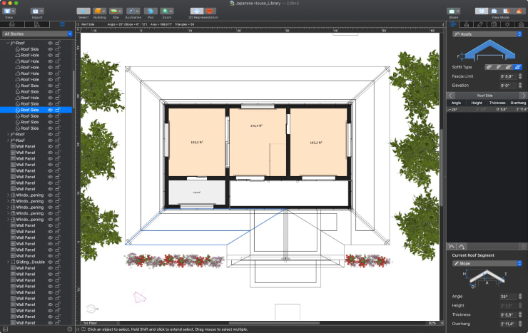 A screenshot showcasing how to create a roof of a traditional Japanese house in Live Home 3D for Mac.