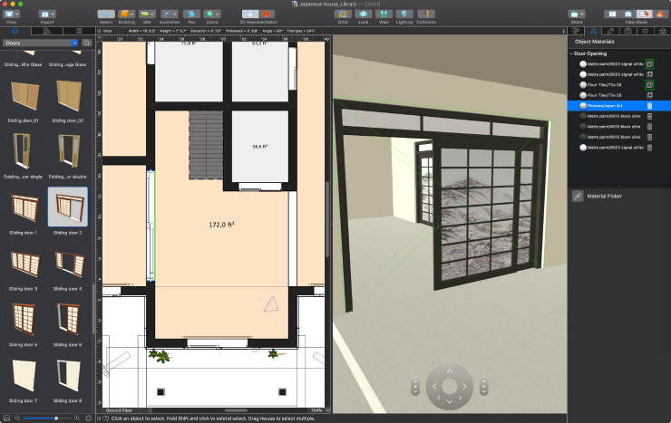 A screenshot showcasing how to create shōji in Live Home 3D for Mac.