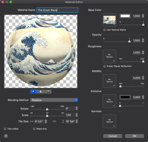 A screenshot of a material editor in Live Home 3D for Mac.