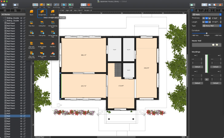A screenshot showcasing the process of building walls in Live Home 3D for Mac.