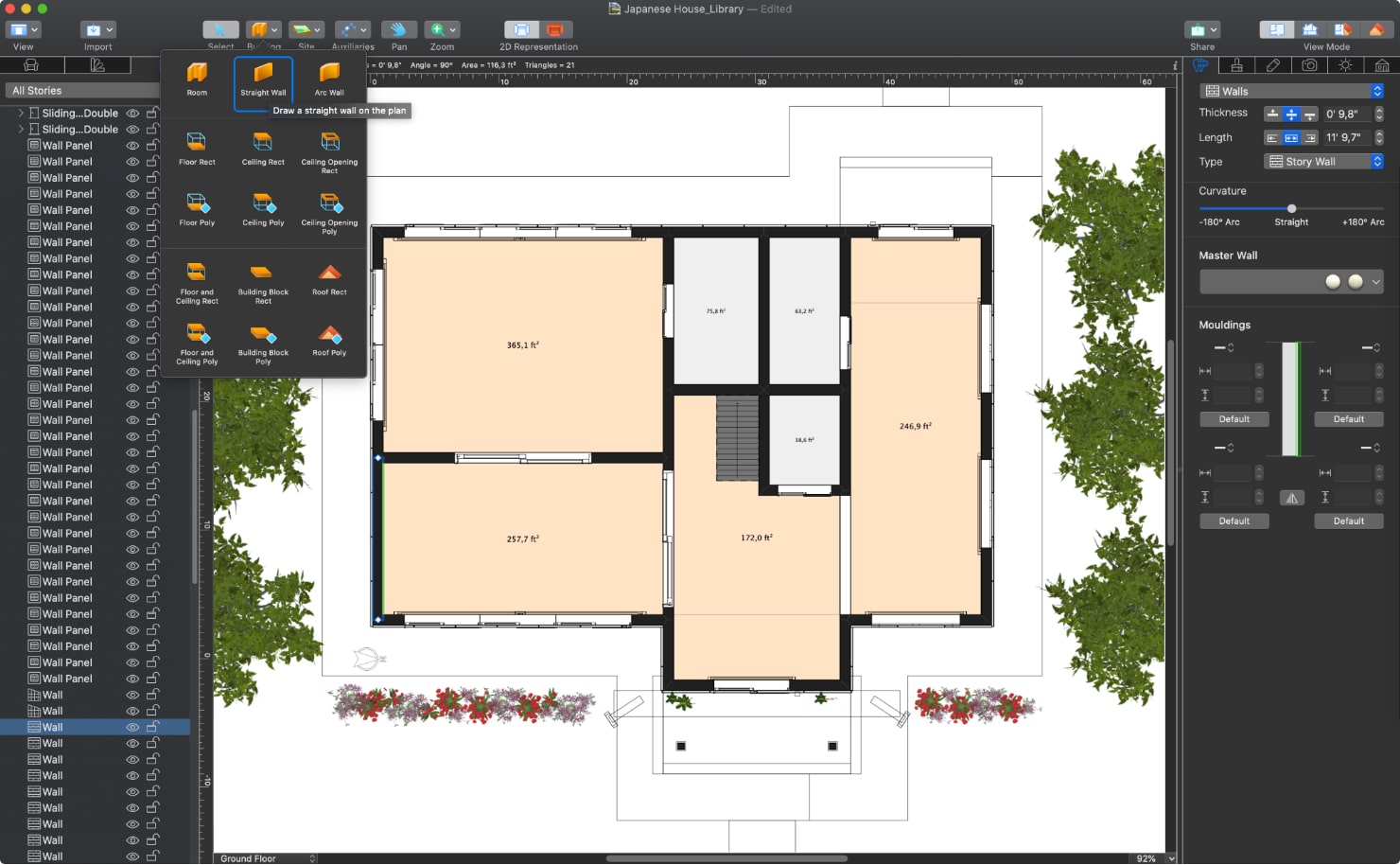 A screenshot showcasing the process of building walls in Live Home 3D for Mac.