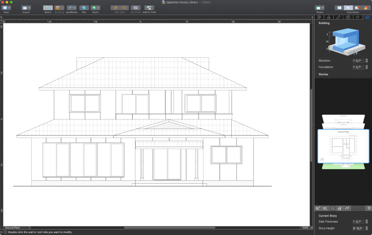 A traditional Japanese house in 2D elevation view mode in Live Home 3D for Mac.