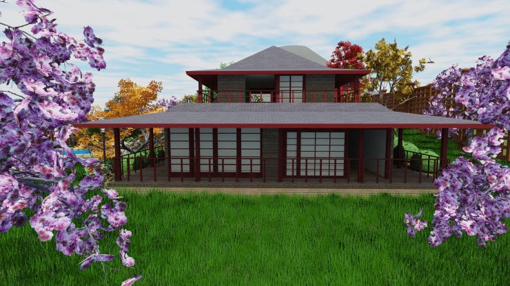 A traditional Japanese house with a garden rendered in Live Home 3D for Mac.
