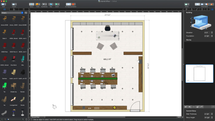 A floor plan of a hybrid office