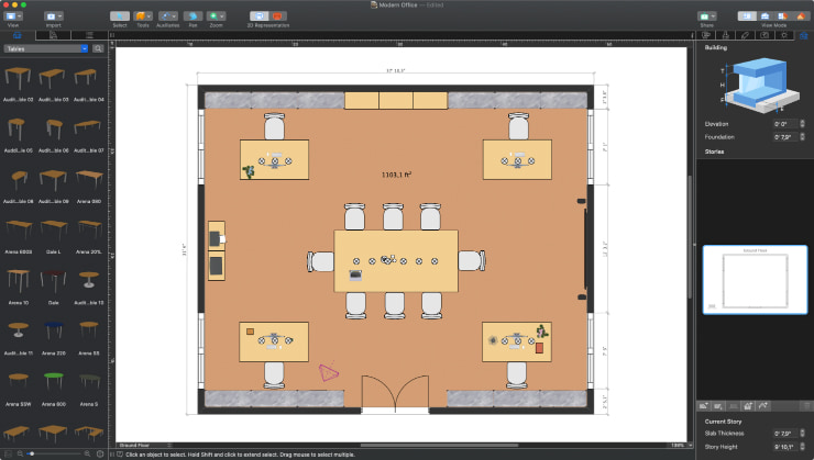A team-cluster office layout made in Live Home 3D