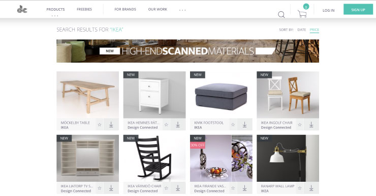 A screenshot of designconnected.com website with IKEA 3D models