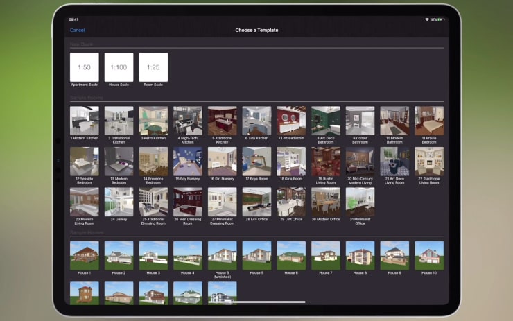 A Gallery with the template collection of Live Home 3D for iPad