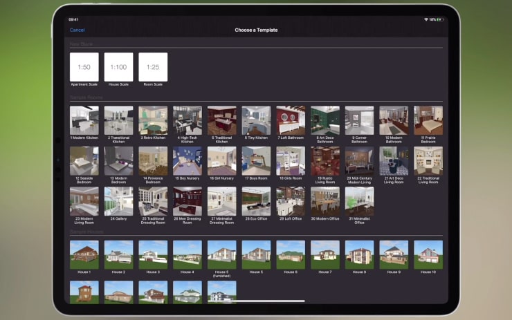 A Gallery with the template collection of Live Home 3D for iPad