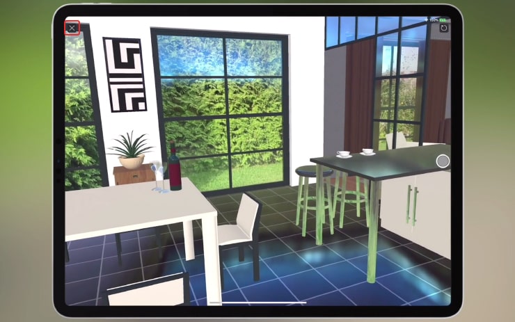 A kitchen model in augmented reality in the Live Home 3D interior design app for iPad
