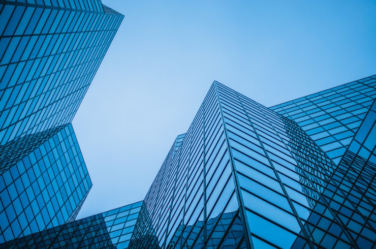 Complex blue skyscraper structure in downtown Montreal.