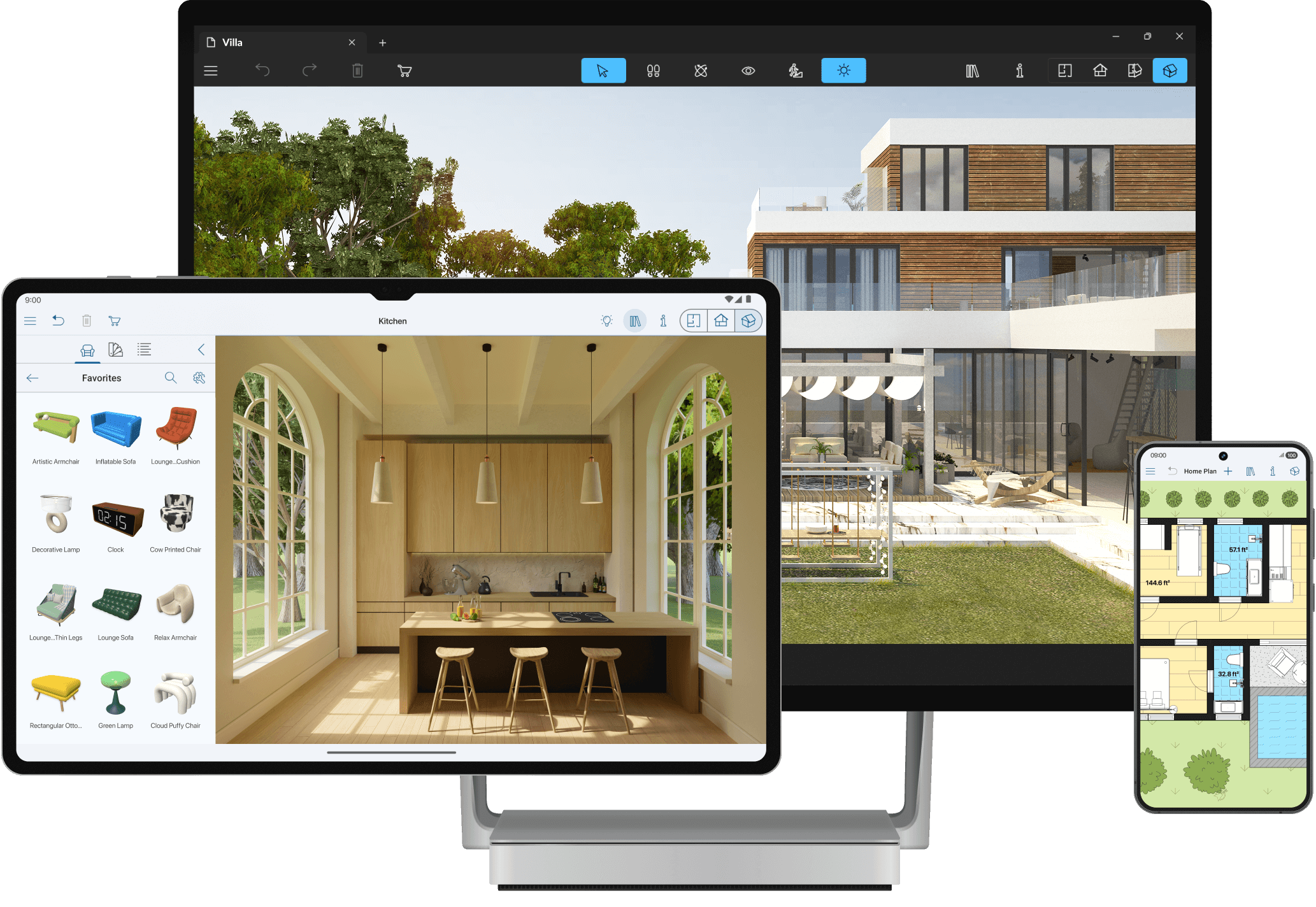Live Home 3D app with kitchen design, house design and floor plan opened on a Mac computer, iPad and iPhone.