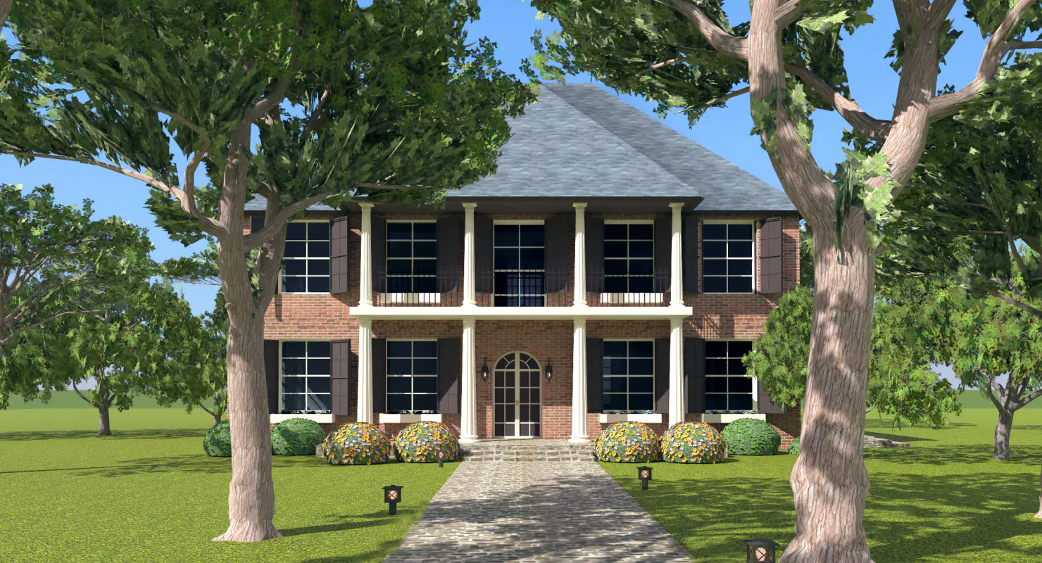 A two-story house surrounded by trees designed in the Live Home 3D home design app.