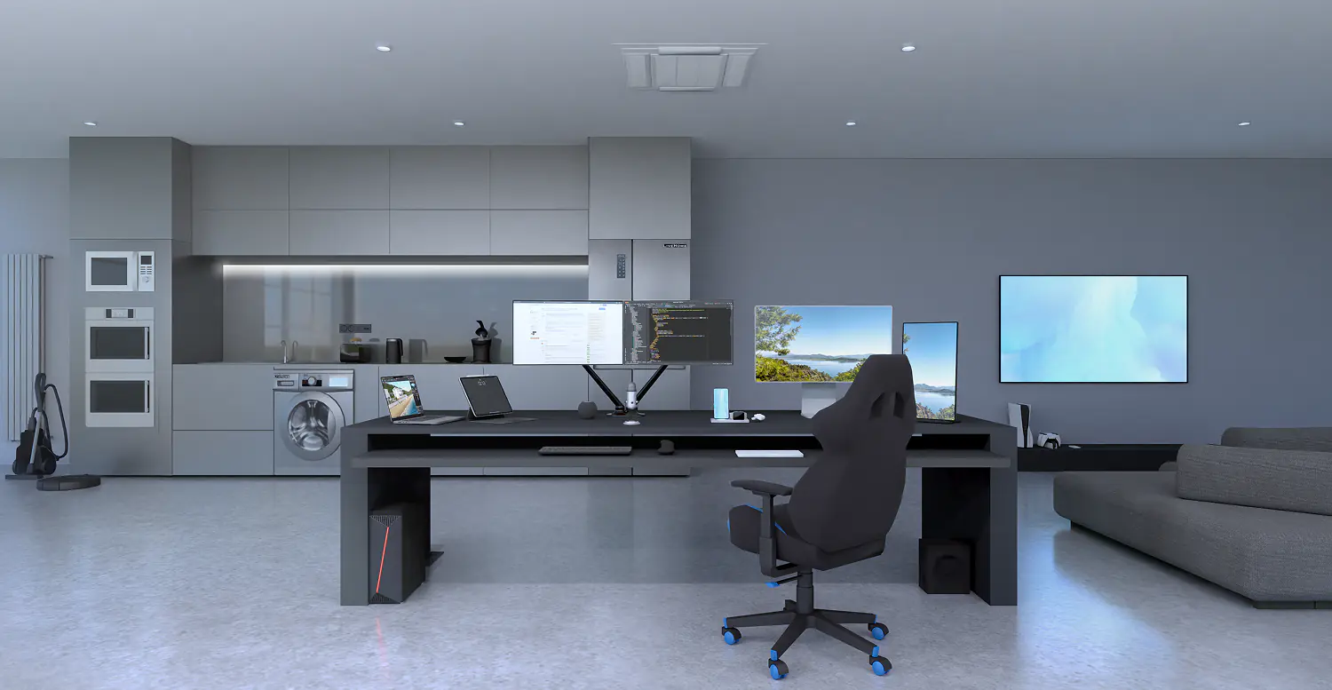 A modern studio with the work desk, computer, laptops and different electronic appliances.
