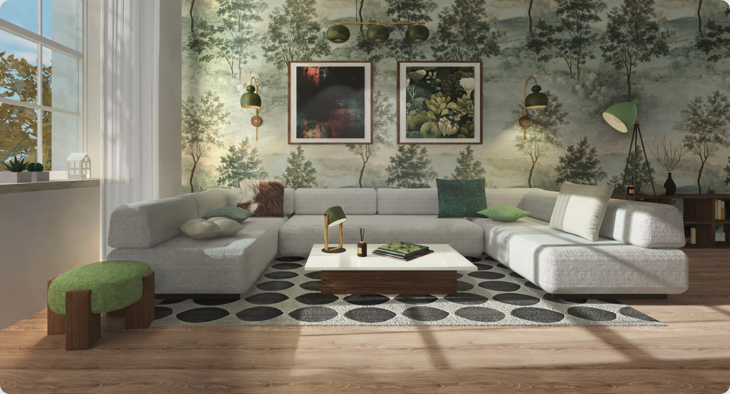 A cozy living room in green tones with a white sofa designed in the Live Home 3D interior design app.