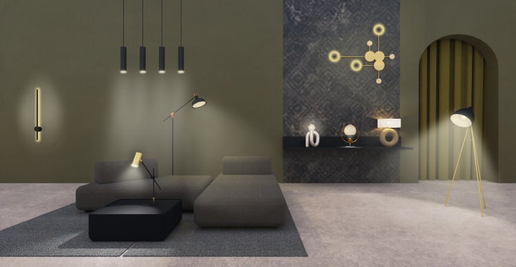 A living room with multiple light sources.