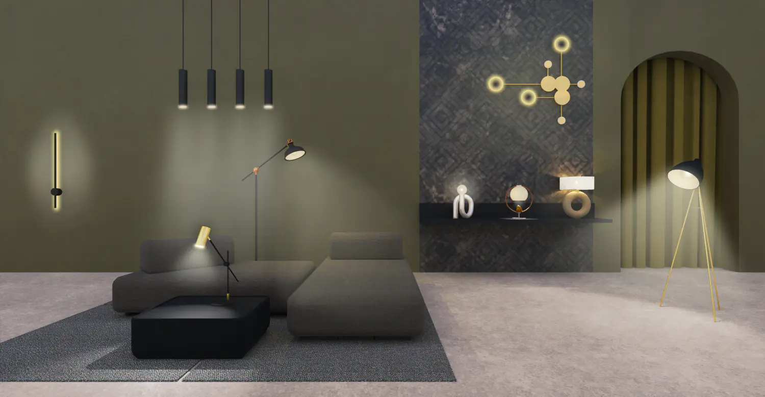 A living room with multiple light sources.