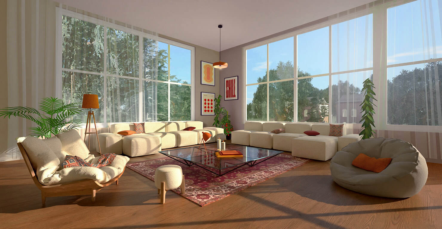 A cozy pink sofa with white cushions and a coffee table, with the red wall in the background.
