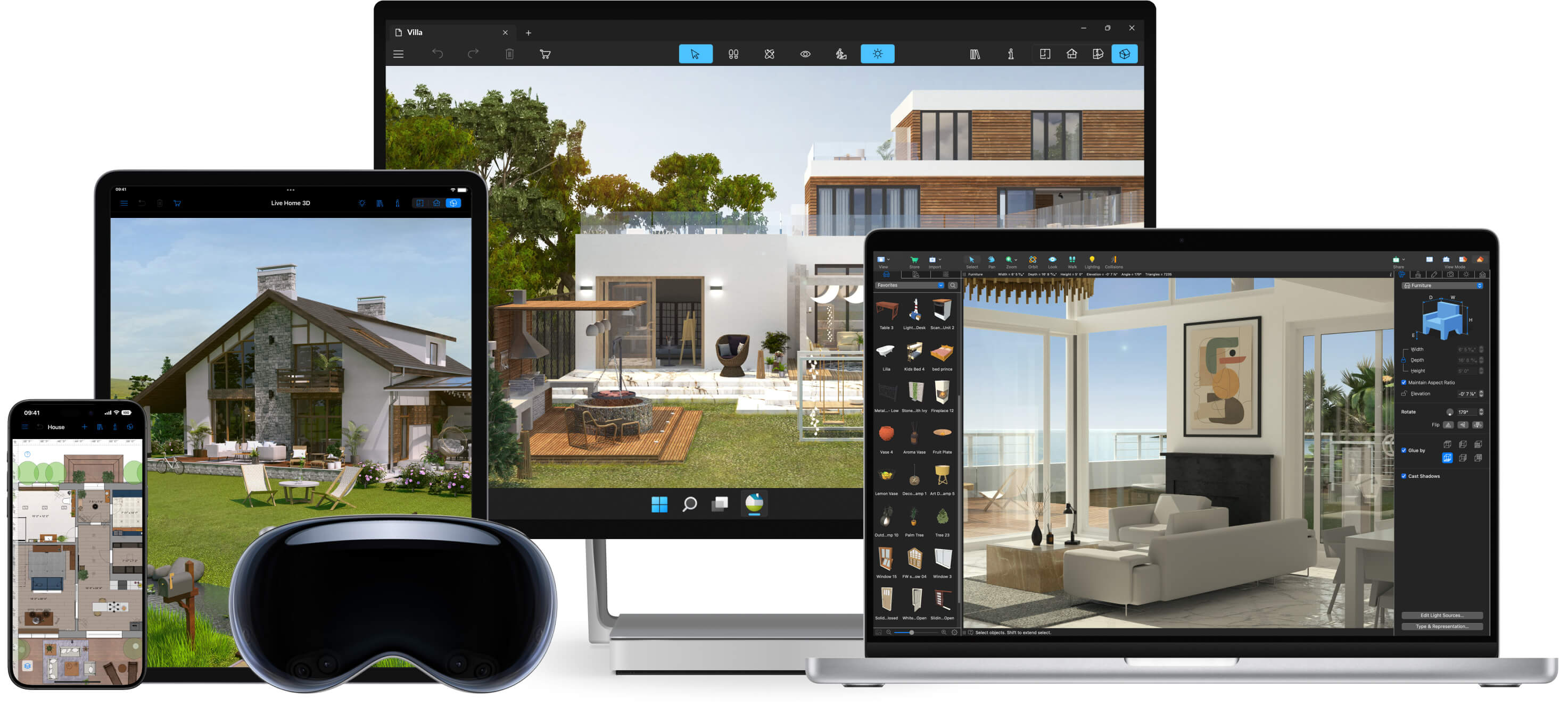Live Home 3D with interior and exterior designs launched on MacBook Pro, iPad, iPhone, Windows computer, and Apple Vision Pro.
