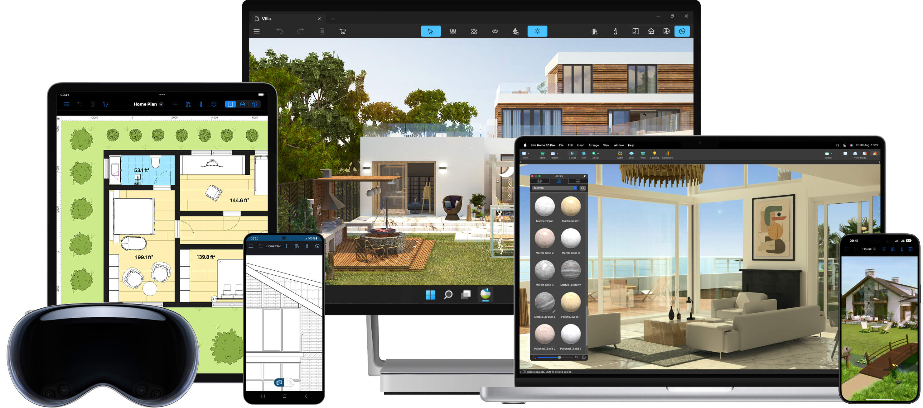 Live Home 3D with interior and exterior designs launched on MacBook Pro, iPad, iPhone, Windows computer, and Apple Vision Pro.