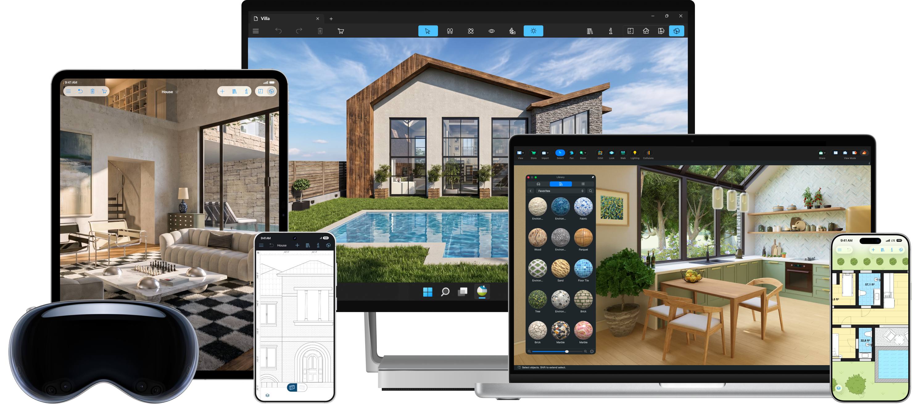 Live Home 3D with interior and exterior designs launched on MacBook Pro, iPad, iPhone, Windows computer, and Apple Vision Pro.