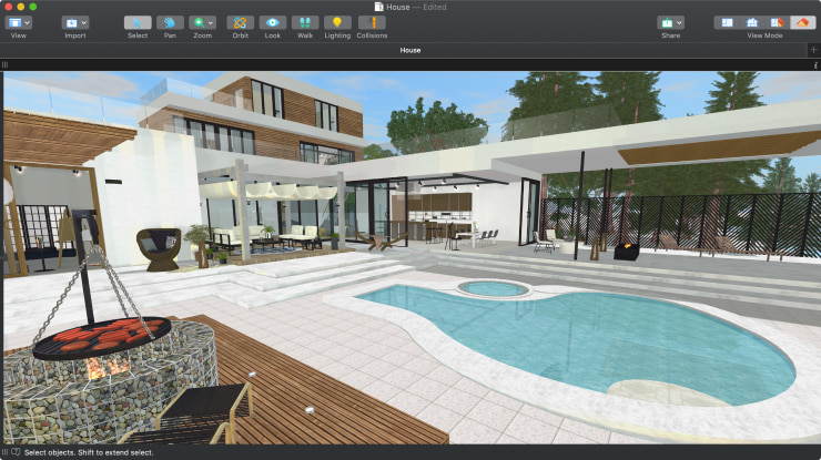 A screenshot of a project with a house and a pool opened in Live Home 3D for Mac