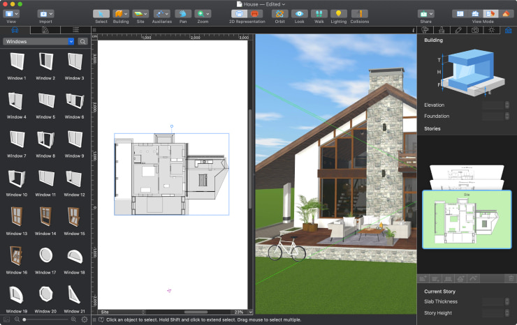 A screenshot of projects with a house and exterior opened in the split-mode in Live Home 3D for Mac